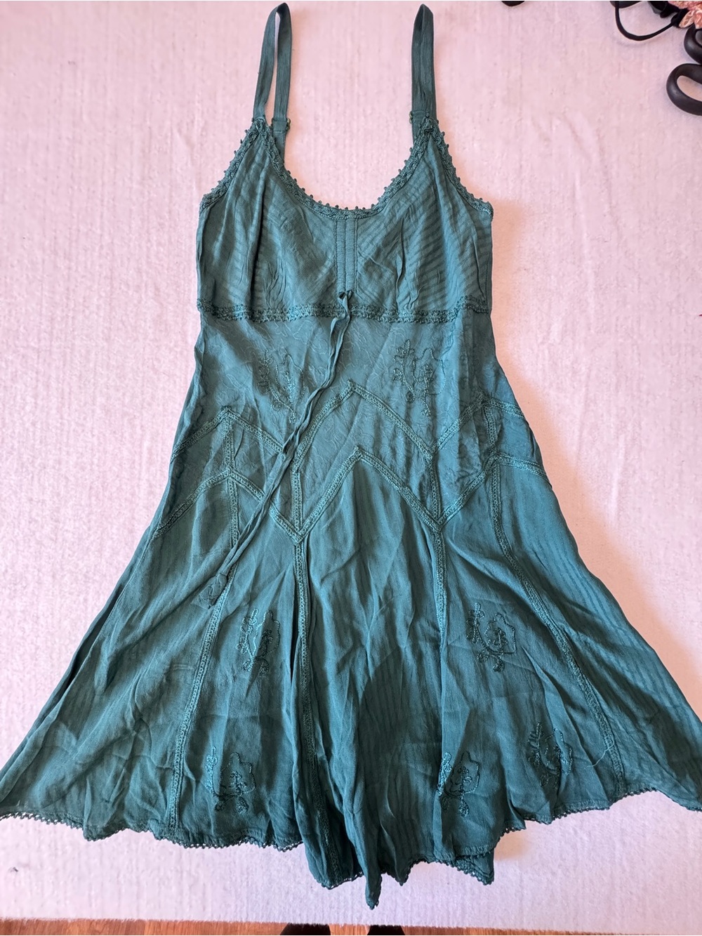 Teal Embroidered Mini Sundress with Spaghetti Straps